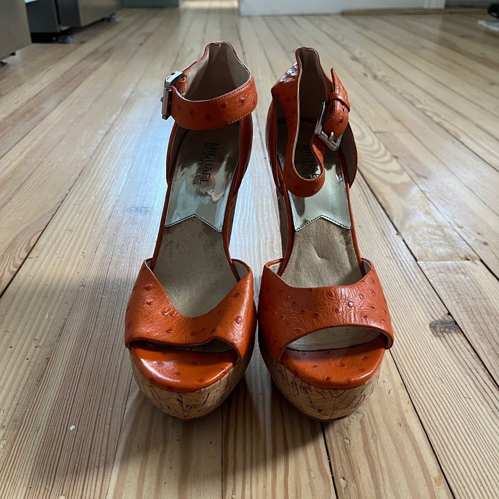 Michael Kors Orange Ostrich Embossed Cork Platform Ariana Wedge Sandals 8M y2k - Picture 2 of 7